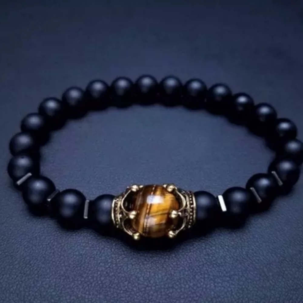 Luxury Natural Tiger Eye & Onyx Crown Bracelet.